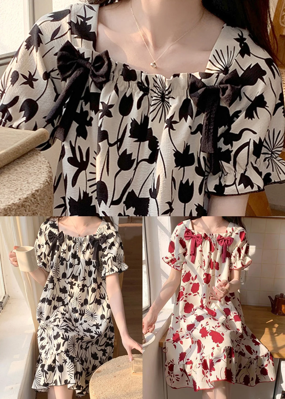Black Print Bow Pajamas Dresses Square Collar Butterfly Sleeve - Image 5