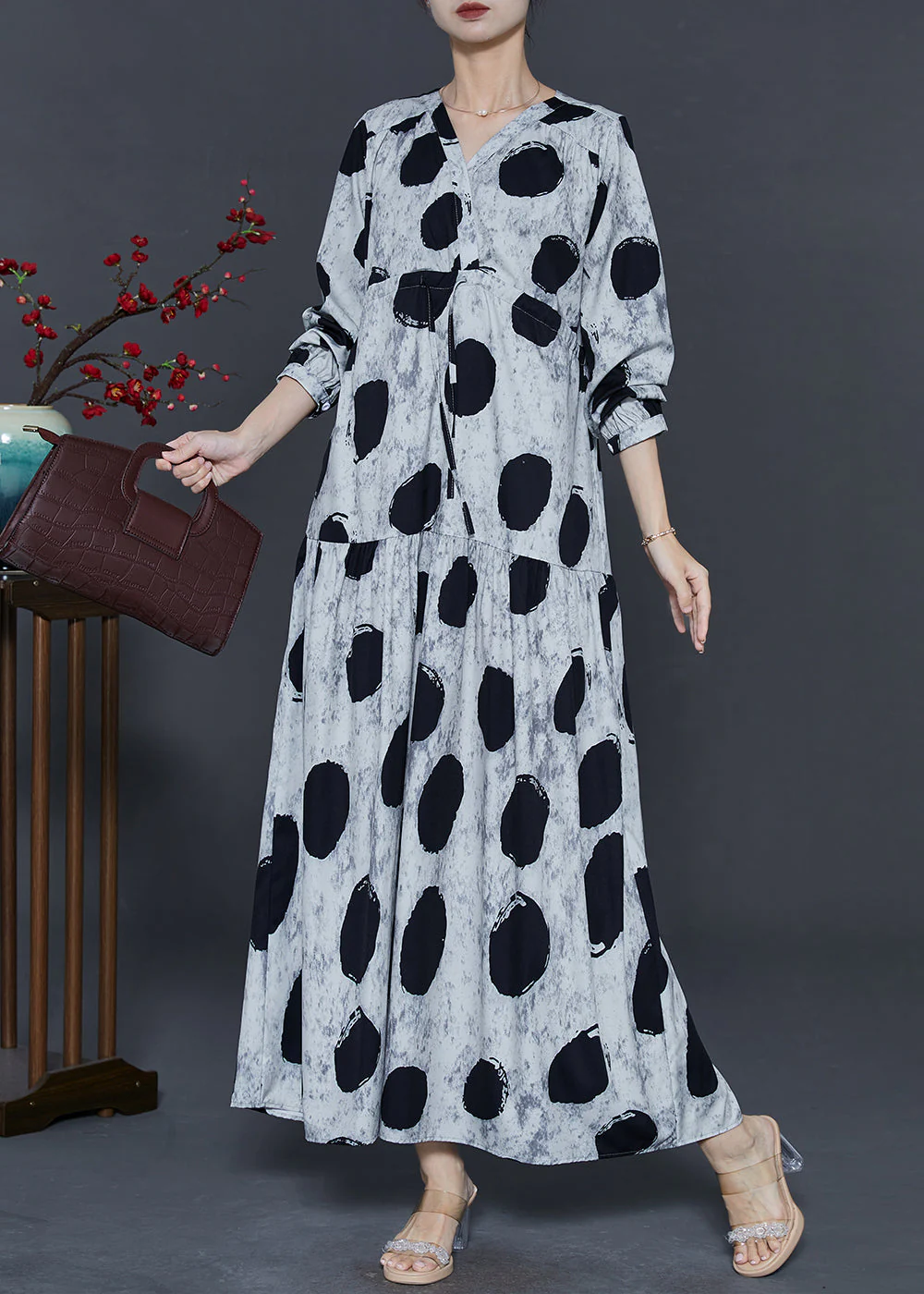 Black Print Chiffon Holiday Dress Drawstring Fall - Image 2