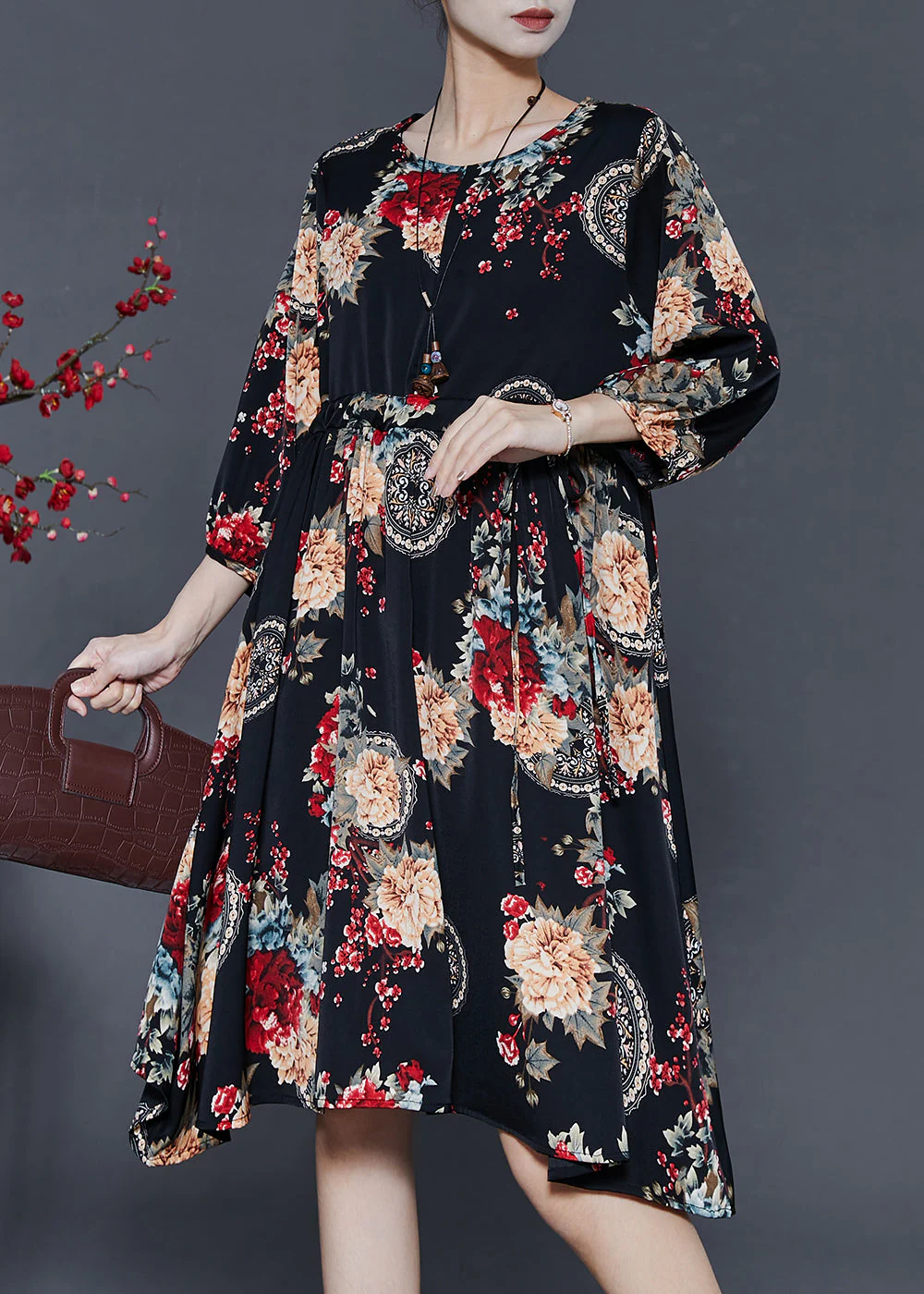 Black Print Chiffon Maxi Dresses Cinched Summer - Image 2