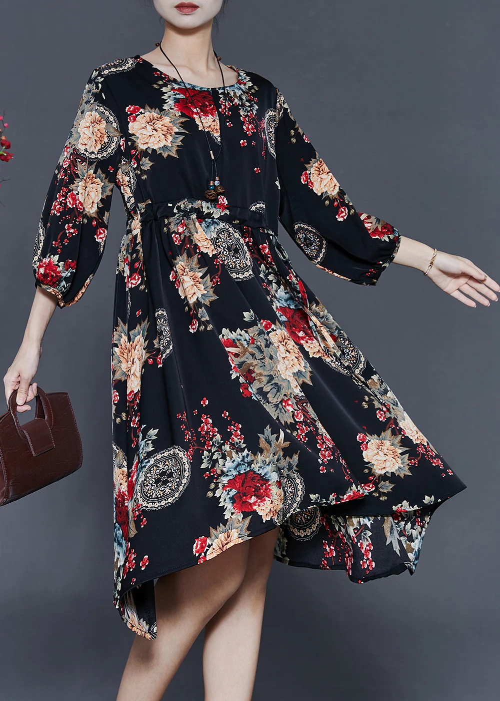 Black Print Chiffon Maxi Dresses Cinched Summer - Image 3