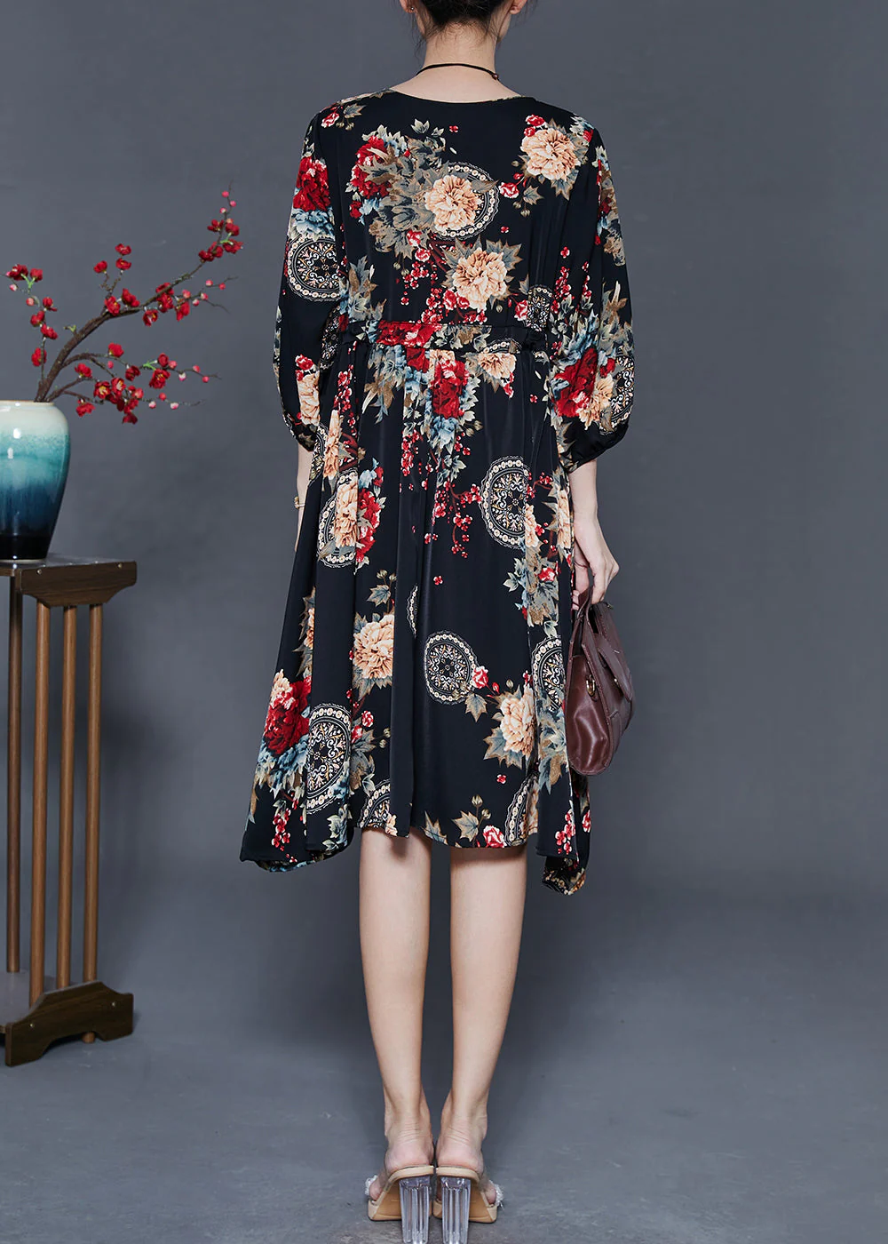 Black Print Chiffon Maxi Dresses Cinched Summer - Image 4