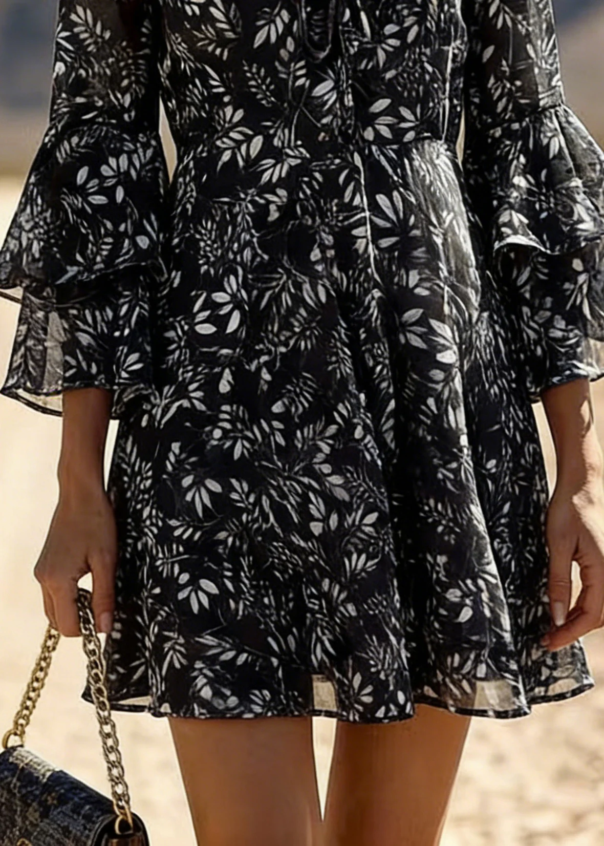 Black Print Chiffon Mid Dress Lace Up Flare Sleeve - Image 4