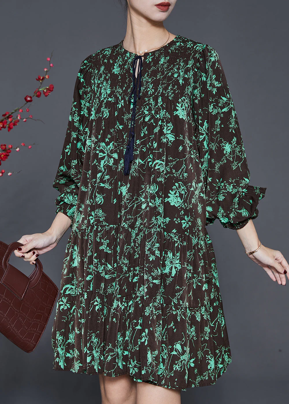 Black Print Chiffon Vacation Dress Lace Up Spring - Image 3