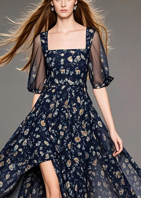 Black Print Chiffon Vacation Dresses Square Collar Side Open Summer - Image 2