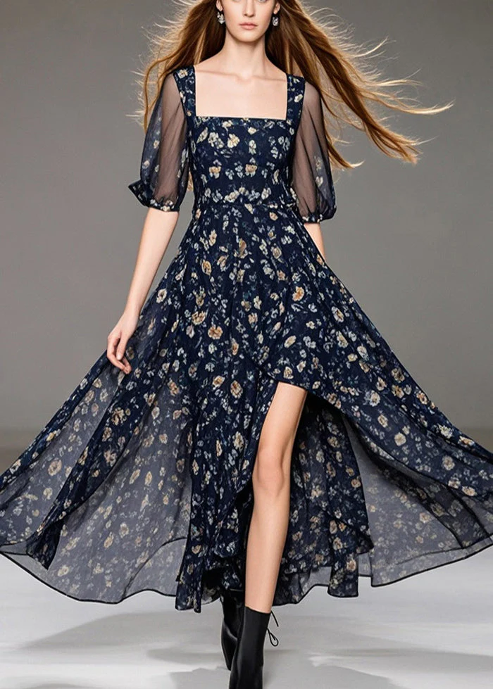 Black Print Chiffon Vacation Dresses Square Collar Side Open Summer - Image 3