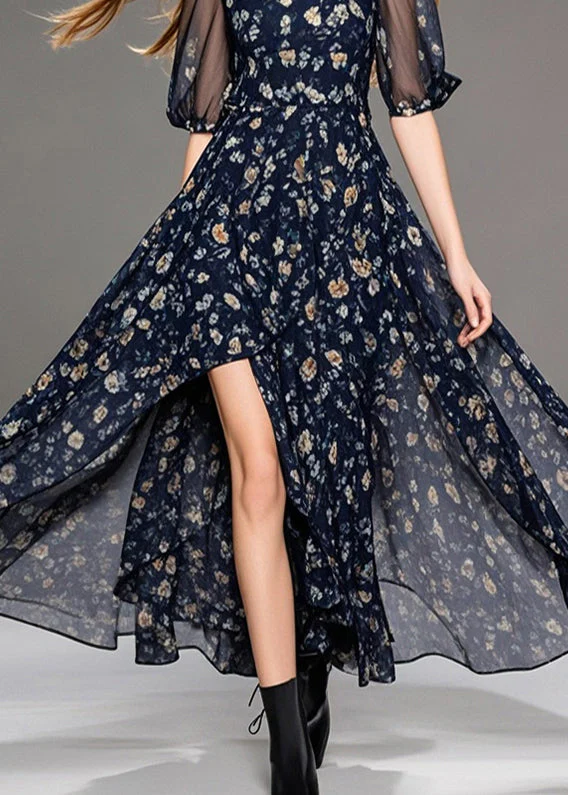 Black Print Chiffon Vacation Dresses Square Collar Side Open Summer - Image 4