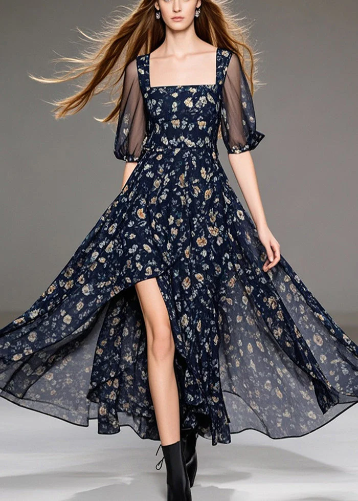 Black Print Chiffon Vacation Dresses Square Collar Side Open Summer - Image 5