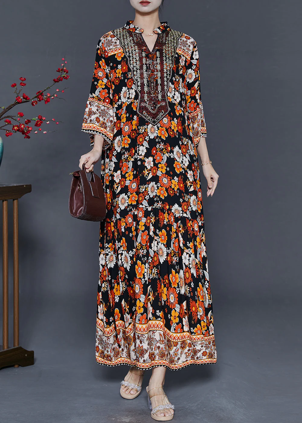 Black Print Cotton Long Dresses Oversized Bracelet Sleeve - Image 2