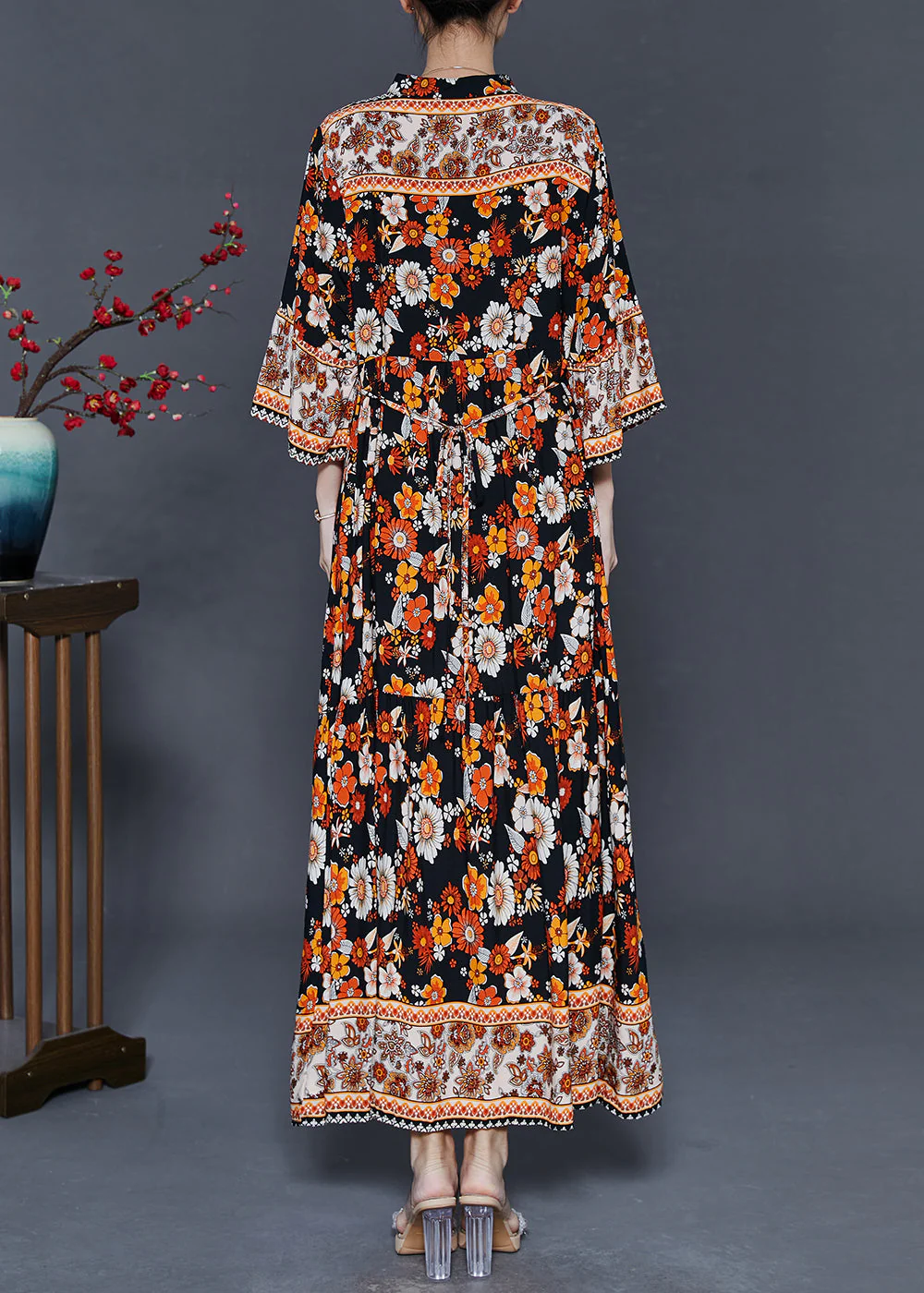 Black Print Cotton Long Dresses Oversized Bracelet Sleeve - Image 4