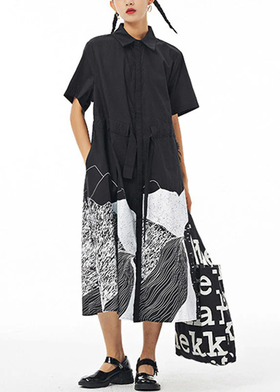 Black Print Drawstring Tie Waist Cotton Long Shirt Dress Short Sleeve - Image 2