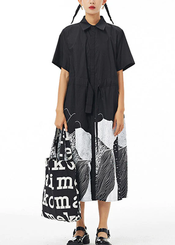 Black Print Drawstring Tie Waist Cotton Long Shirt Dress Short Sleeve - Image 3