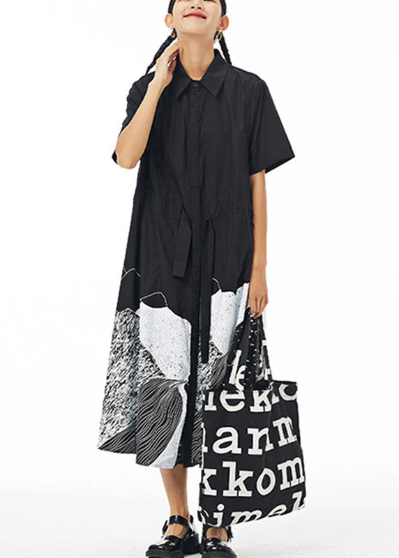 Black Print Drawstring Tie Waist Cotton Long Shirt Dress Short Sleeve - Image 4