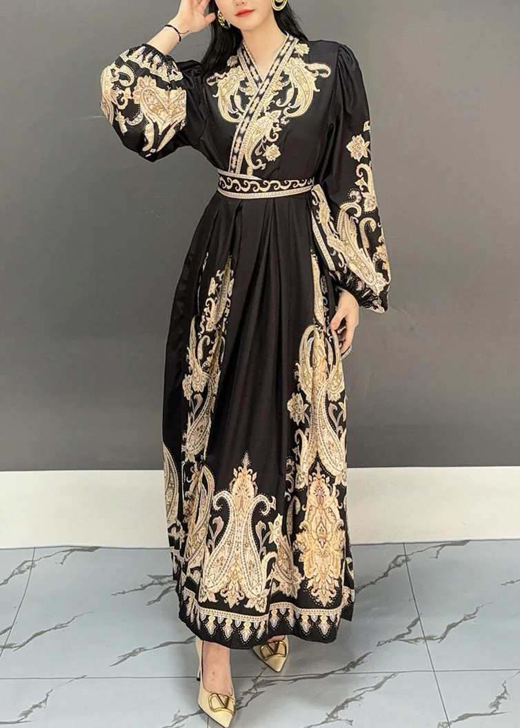 Black Print High Waist Fall Maxi Dresses V Neck - Image 3