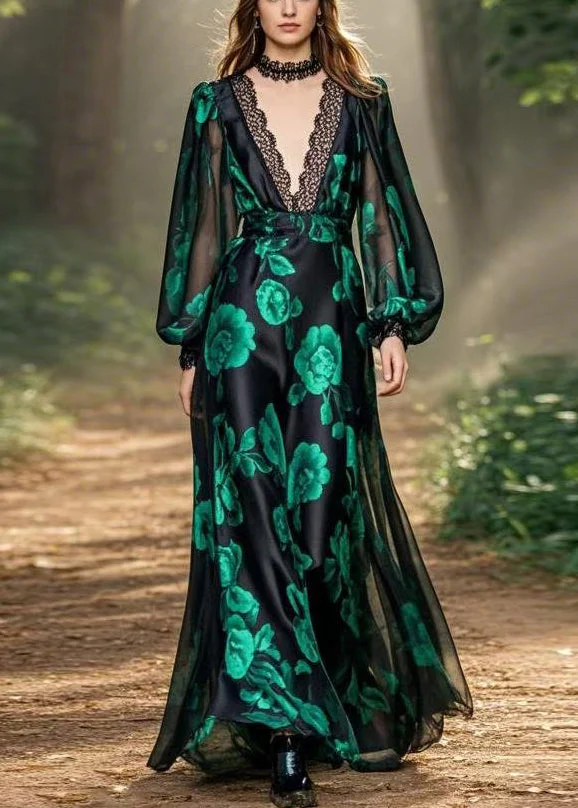 Black Print High Waist Loose Silk Maxi Dresses V Neck Spring - Image 3