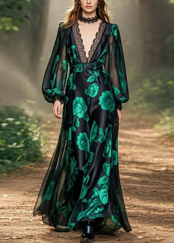 Black Print High Waist Loose Silk Maxi Dresses V Neck Spring - Image 5