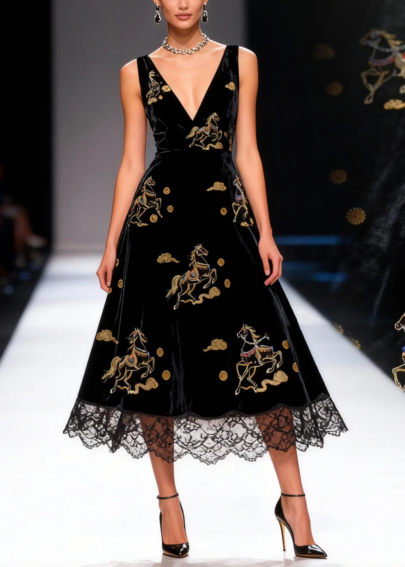 Black Print High Waist Silk Velvet Long Dresses V Neck Summer
