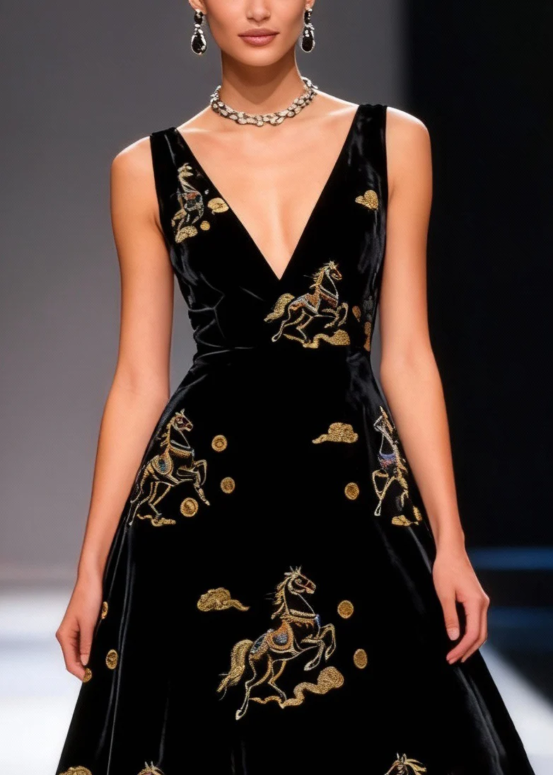 Black Print High Waist Silk Velvet Long Dresses V Neck Summer - Image 2