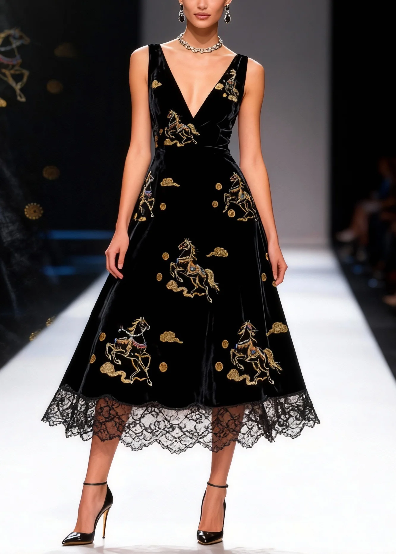 Black Print High Waist Silk Velvet Long Dresses V Neck Summer - Image 3