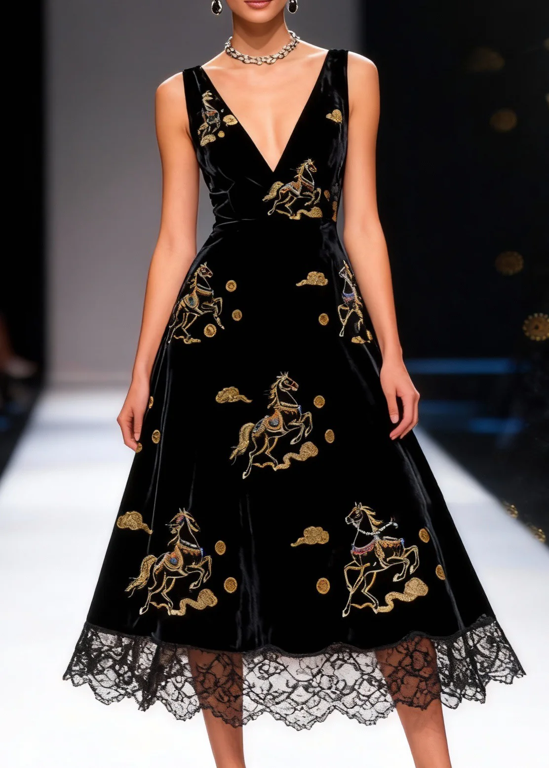 Black Print High Waist Silk Velvet Long Dresses V Neck Summer - Image 5