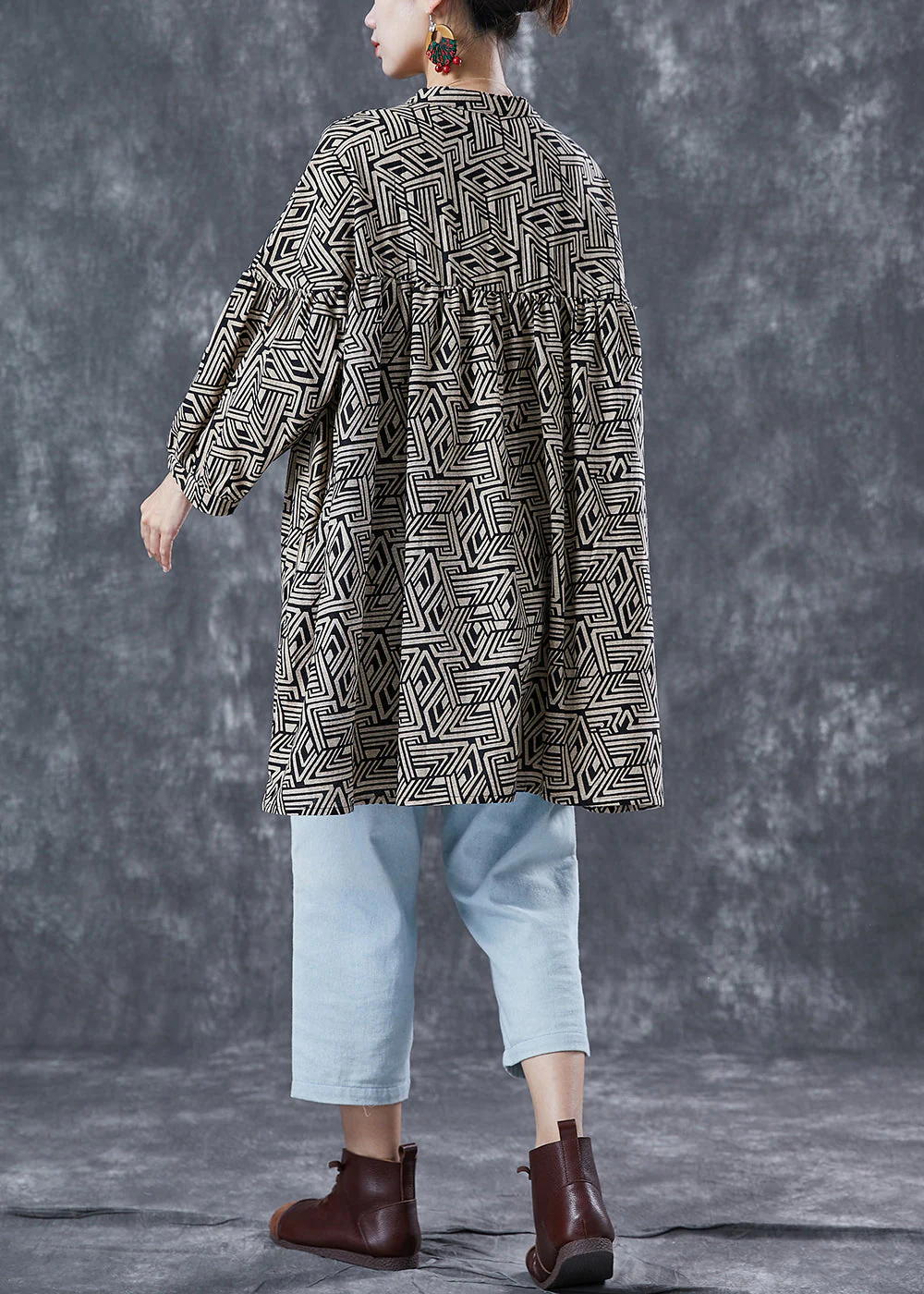 Black Print Loose Cotton Mid Dress Stand Collar Summer - Image 4