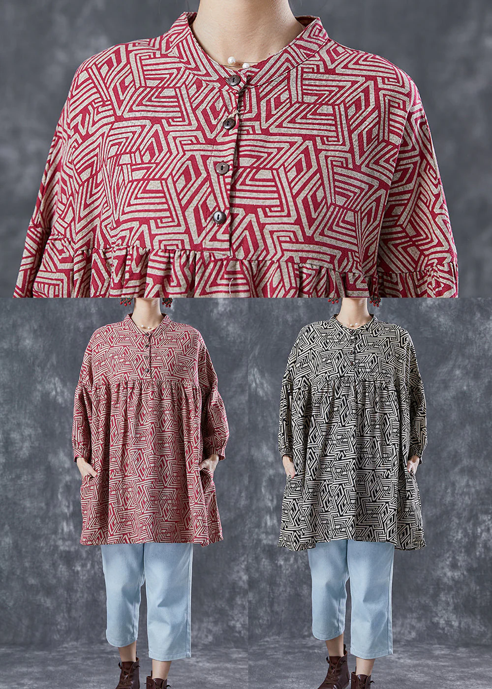 Black Print Loose Cotton Mid Dress Stand Collar Summer - Image 5
