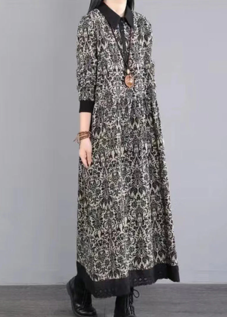 Black Print Patchwork Cotton Long Dress Peter Pan Collar Fall - Image 2
