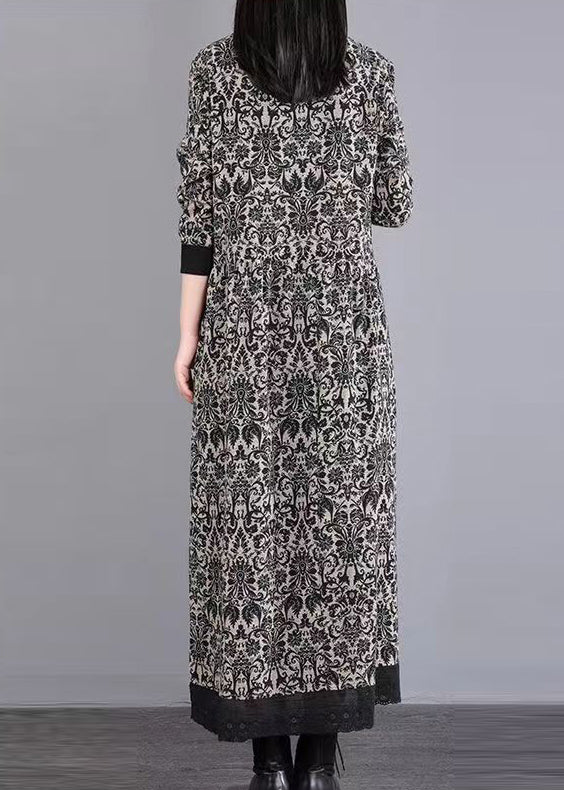Black Print Patchwork Cotton Long Dress Peter Pan Collar Fall - Image 3