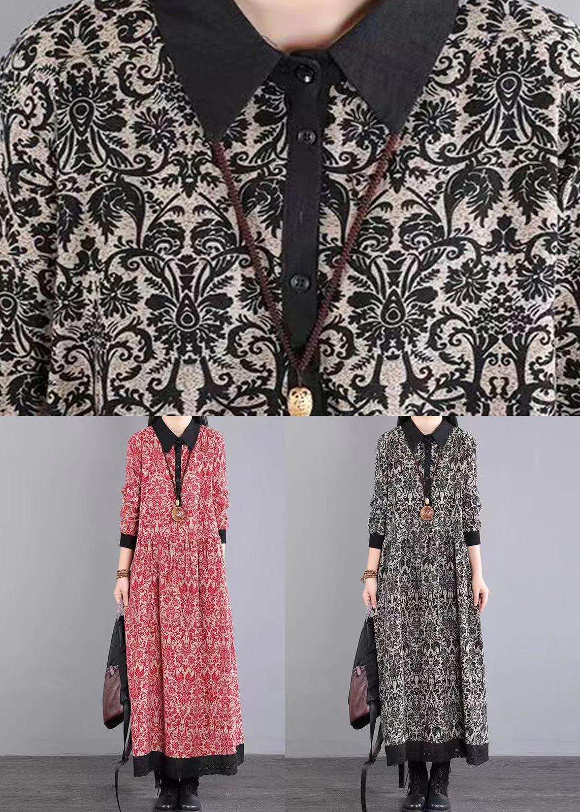 Black Print Patchwork Cotton Long Dress Peter Pan Collar Fall - Image 4