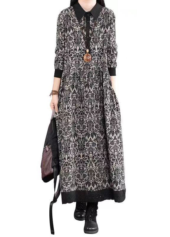 Black Print Patchwork Cotton Long Dress Peter Pan Collar Fall - Image 5