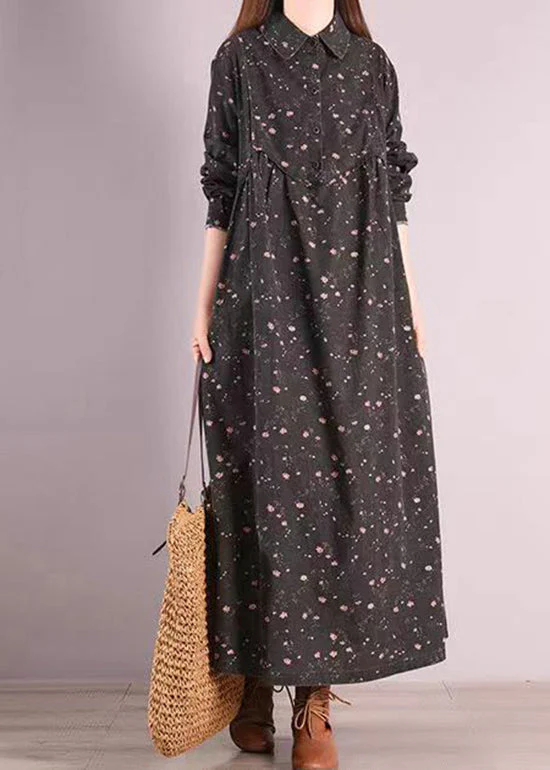 Black Print Patchwork Cotton Long Dresses Peter Pan Collar Fall - Image 4