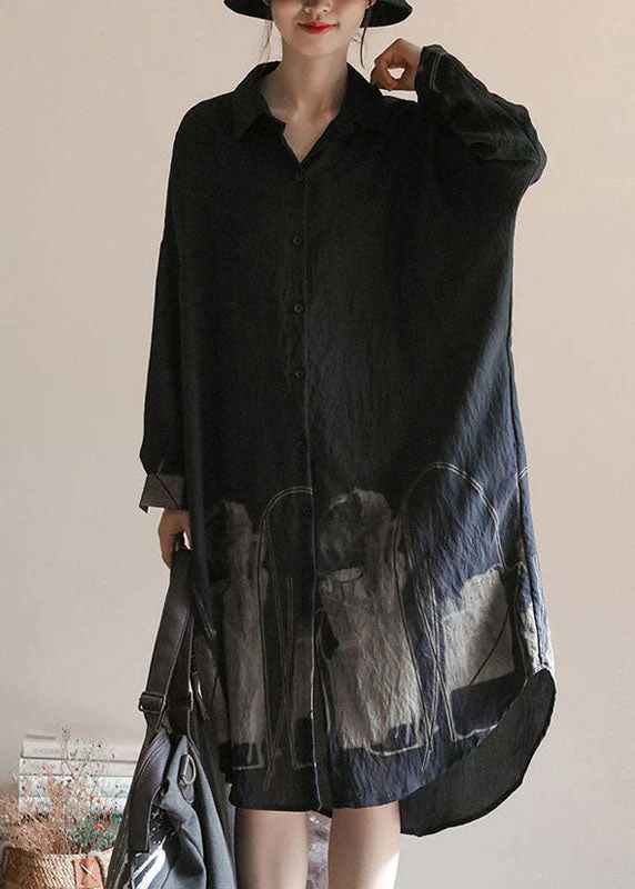 Black Print Patchwork Linen Shirts Dress Peter Pan Collar Spring - Image 2