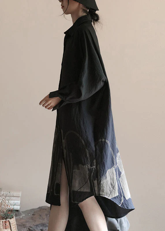 Black Print Patchwork Linen Shirts Dress Peter Pan Collar Spring - Image 3