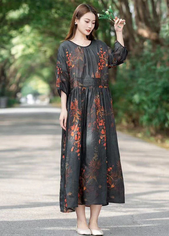 Black Print Patchwork Long Linen Dresses O Neck Wrinkled Summer - Image 2