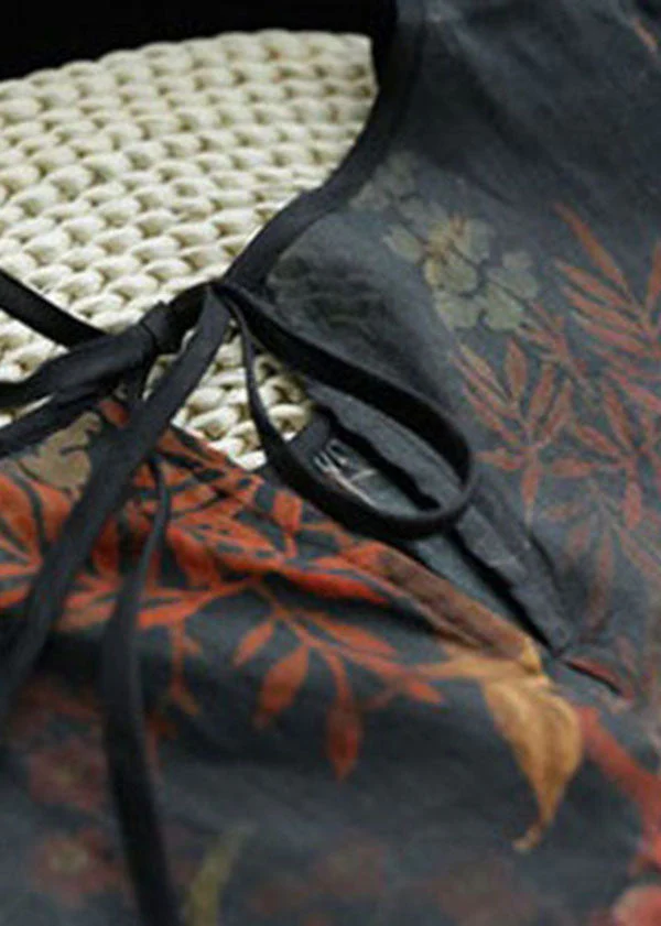Black Print Patchwork Long Linen Dresses O Neck Wrinkled Summer - Image 3