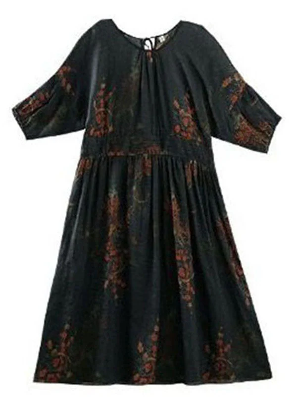 Black Print Patchwork Long Linen Dresses O Neck Wrinkled Summer - Image 5