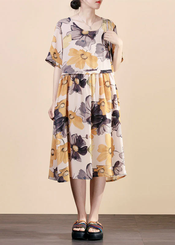 Black Print Patchwork Silk Mid Dress O Neck Wrinkled Summer - Image 2