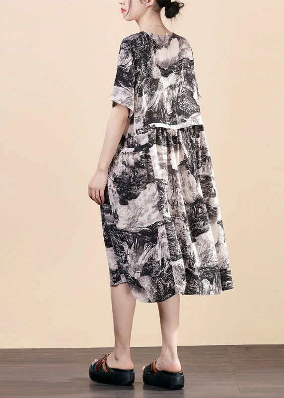 Black Print Patchwork Silk Mid Dress O Neck Wrinkled Summer - Image 3