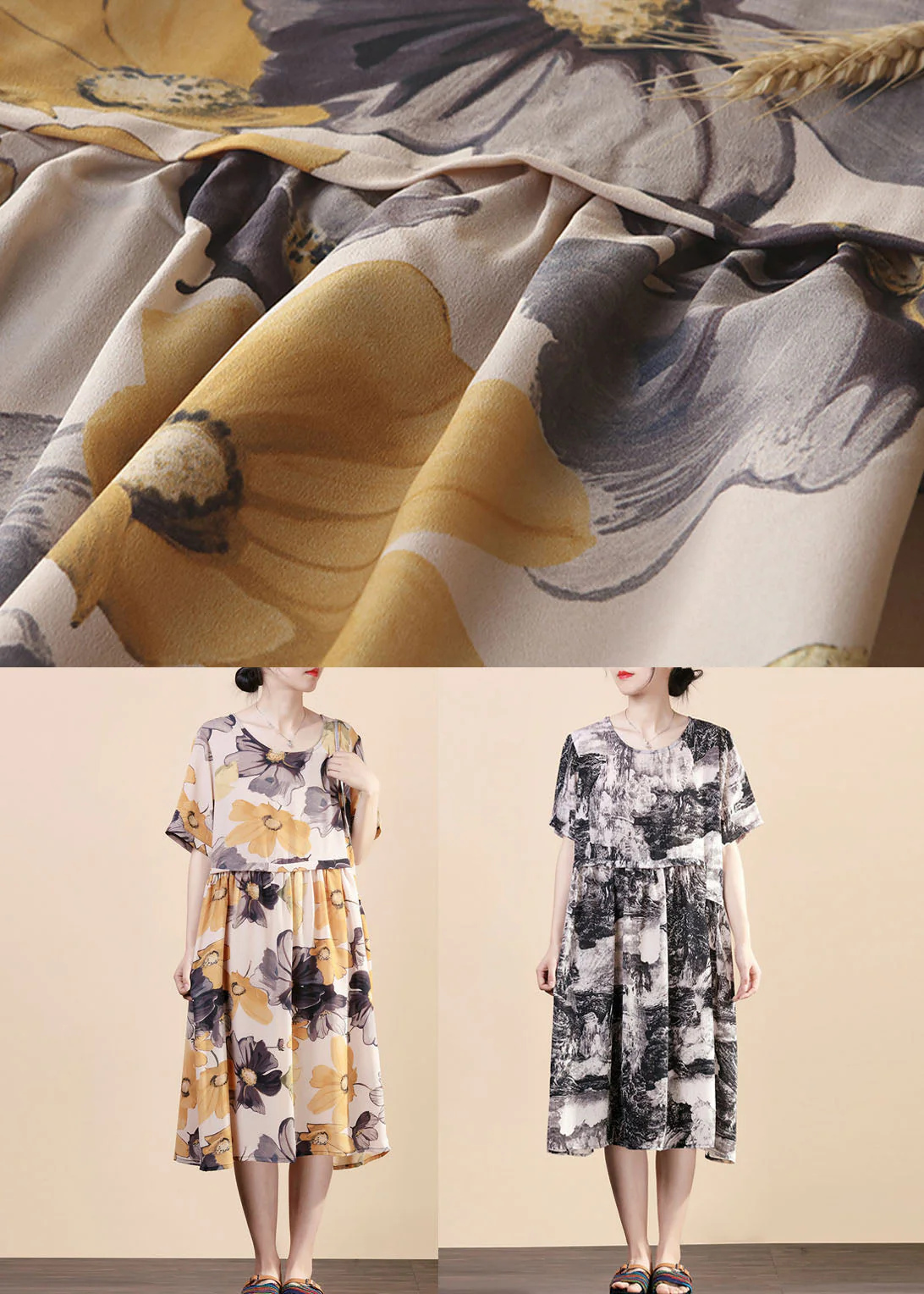 Black Print Patchwork Silk Mid Dress O Neck Wrinkled Summer - Image 4