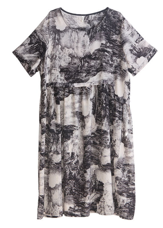 Black Print Patchwork Silk Mid Dress O Neck Wrinkled Summer - Image 5