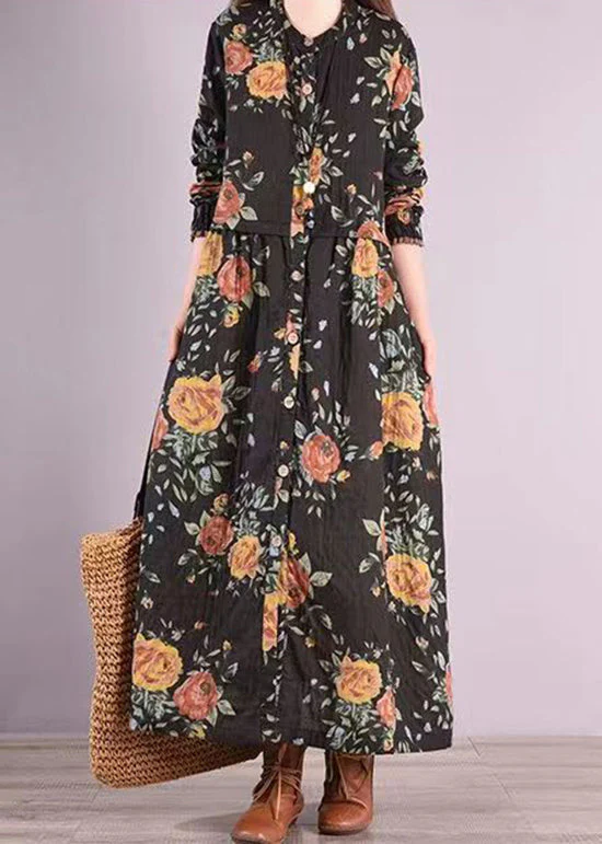 Black Print Pockets Patchwork Cotton Long Dress Stand Collar Fall - Image 2