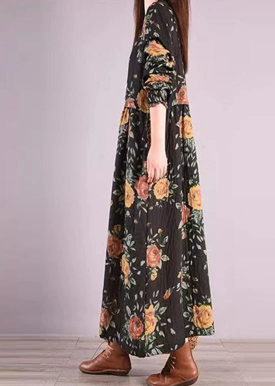 Black Print Pockets Patchwork Cotton Long Dress Stand Collar Fall - Image 3