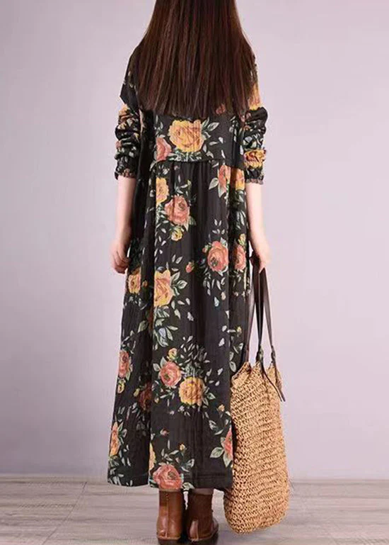 Black Print Pockets Patchwork Cotton Long Dress Stand Collar Fall - Image 4