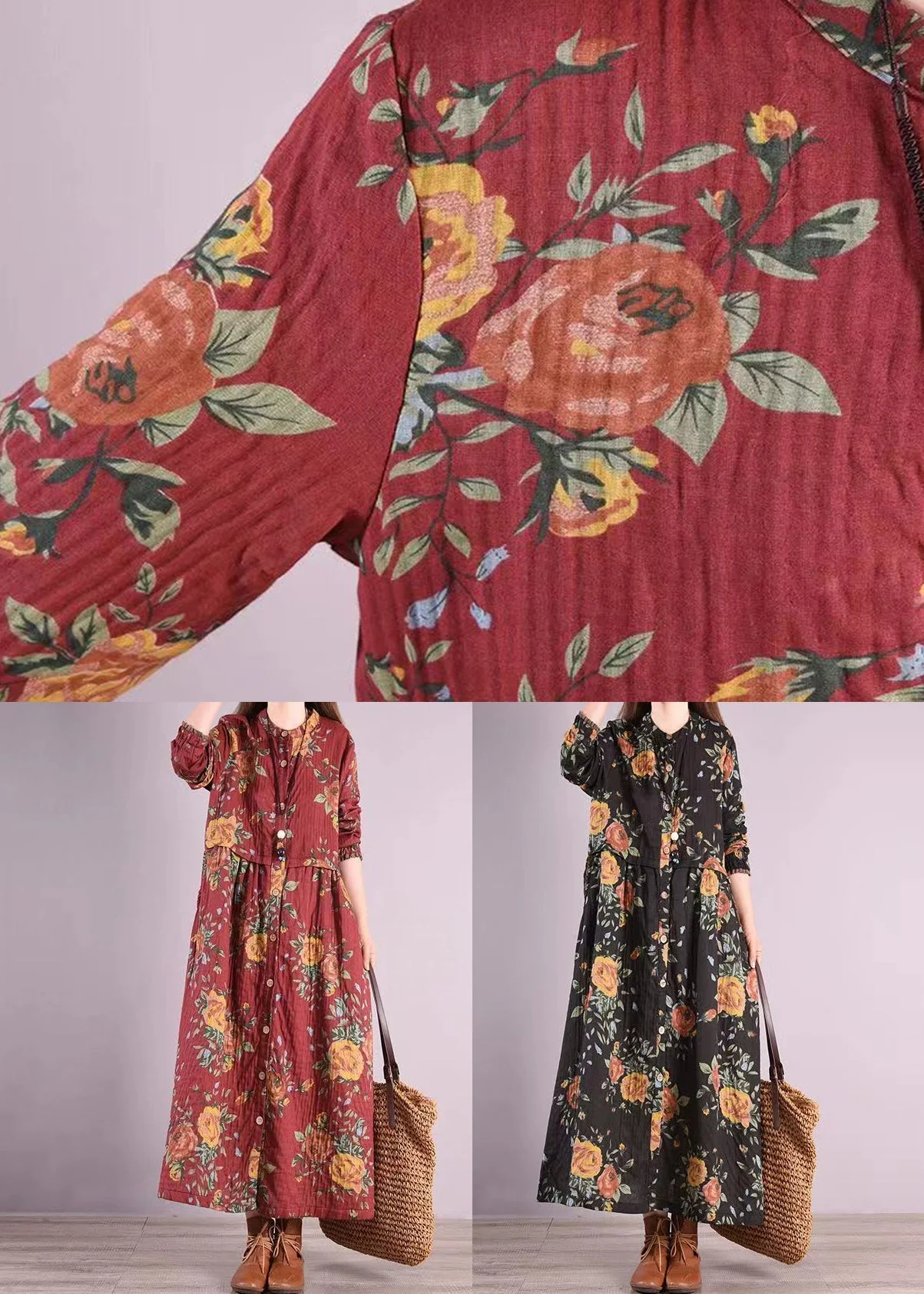 Black Print Pockets Patchwork Cotton Long Dress Stand Collar Fall - Image 5