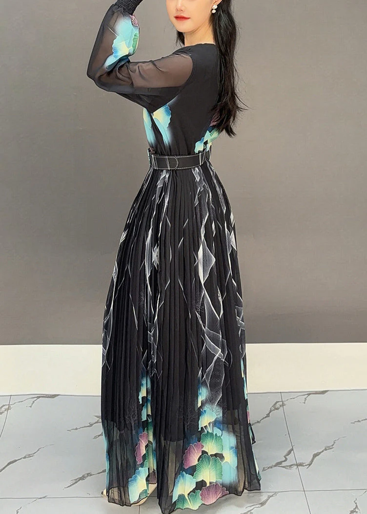 Black Print Sashes Long Dresses V Neck Spring - Image 3