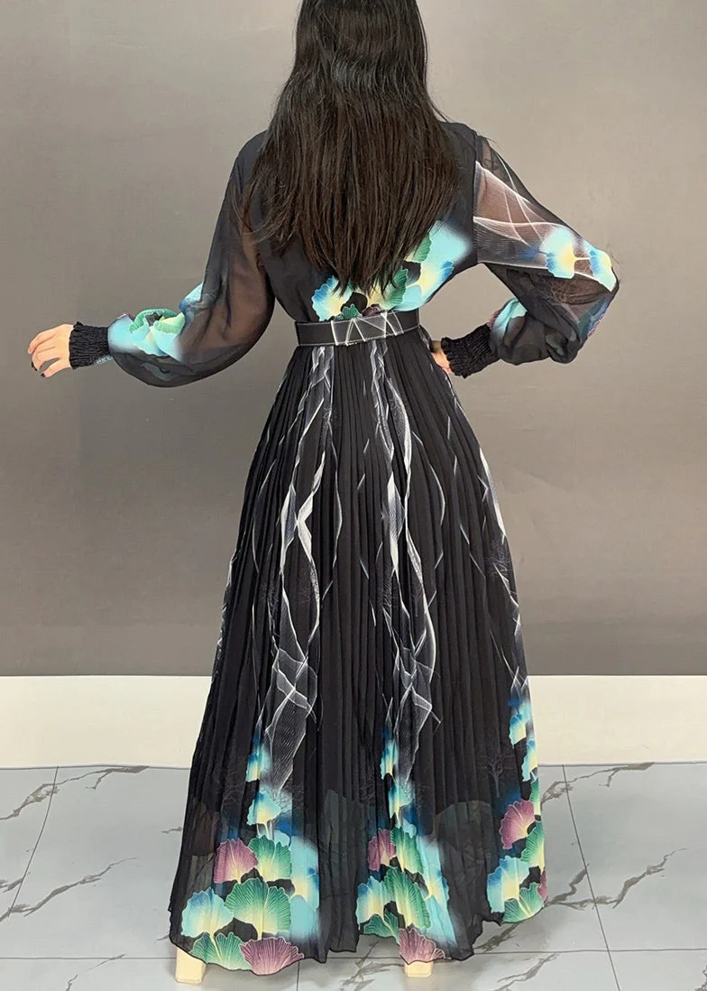 Black Print Sashes Long Dresses V Neck Spring - Image 4