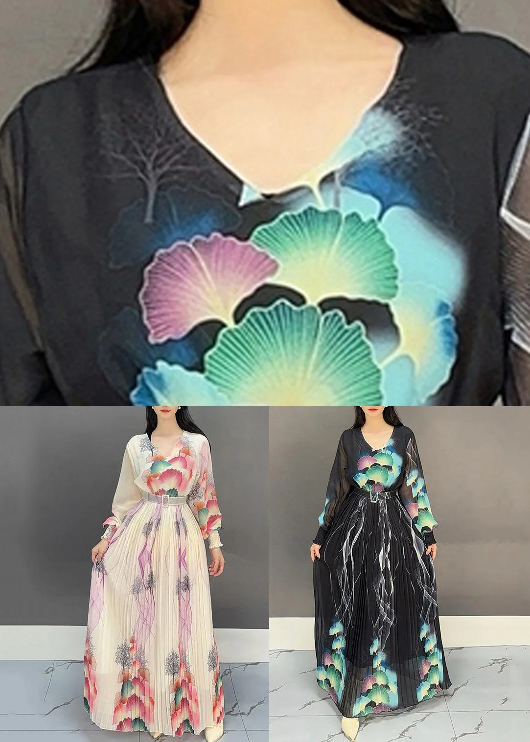 Black Print Sashes Long Dresses V Neck Spring - Image 5