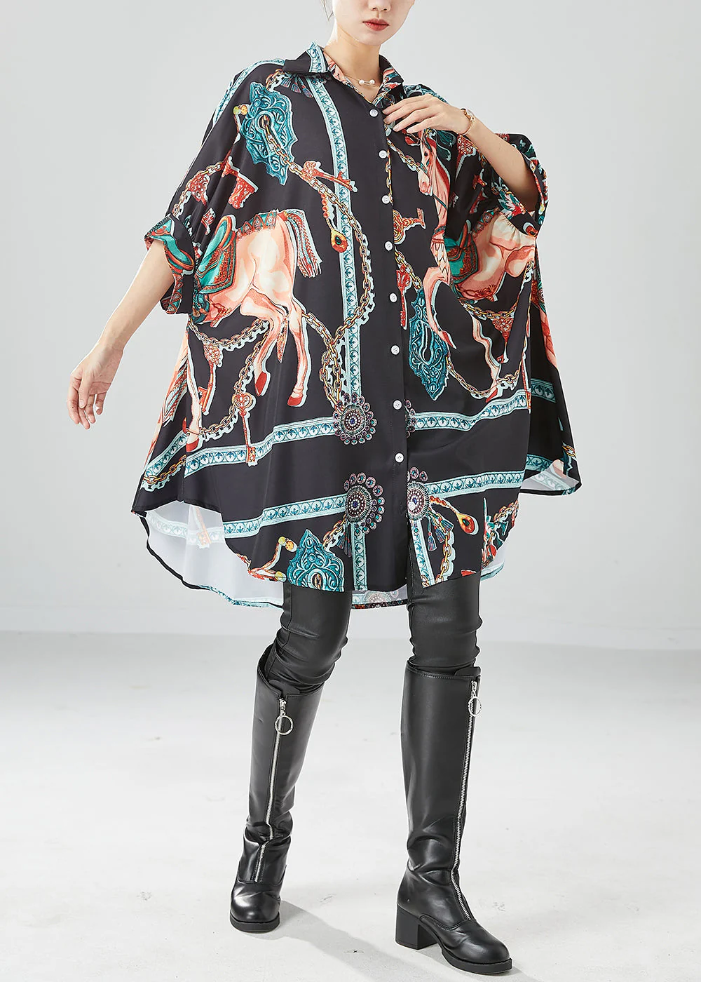 Black Print Silk Vacation Dresses Oversized Draping Batwing Sleeve - Image 2