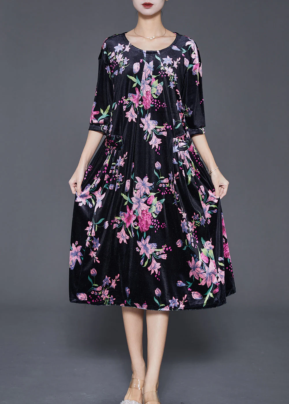 Black Print Silk Velour Holiday Dress Oversized Fall - Image 2
