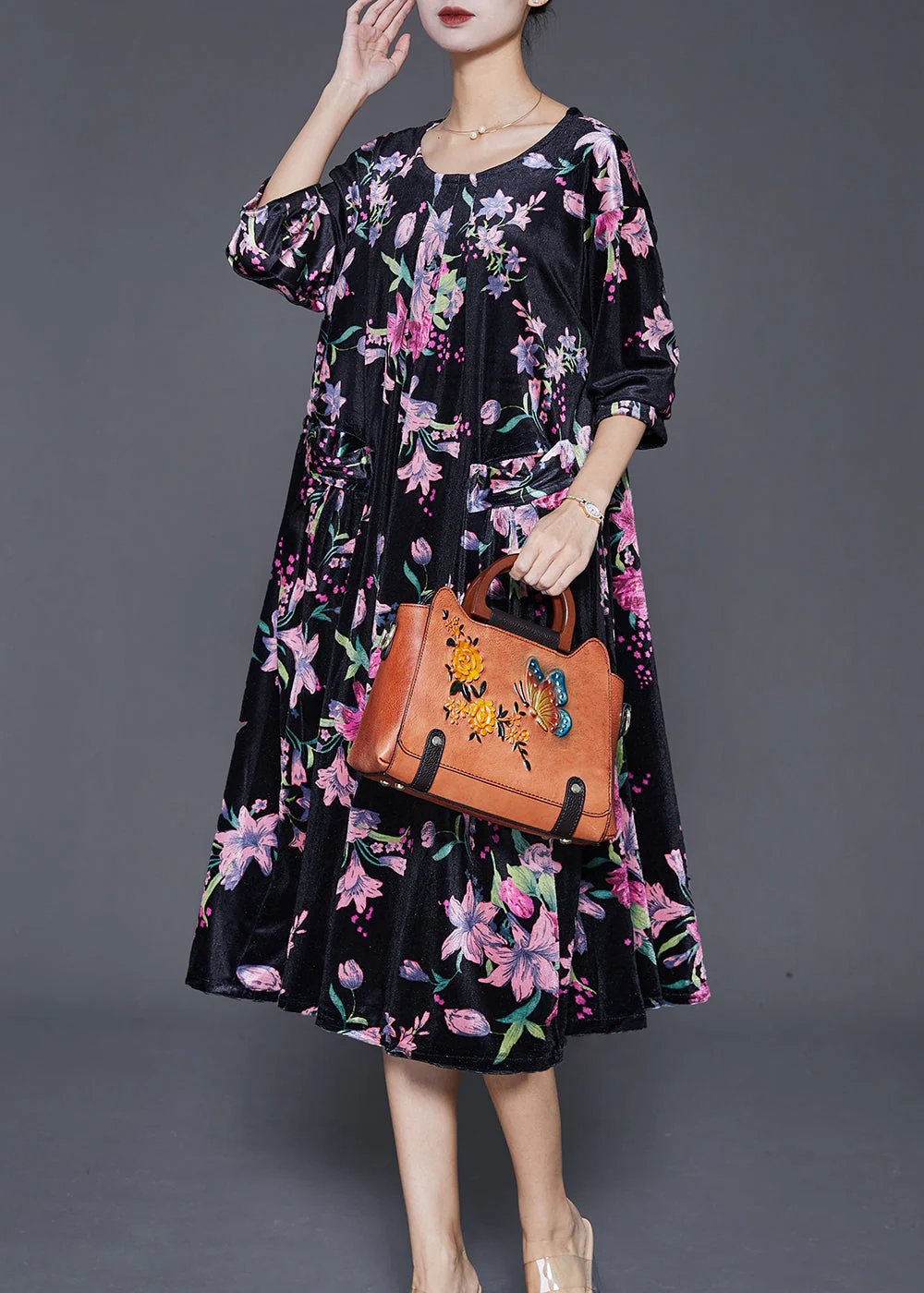 Black Print Silk Velour Holiday Dress Oversized Fall - Image 3