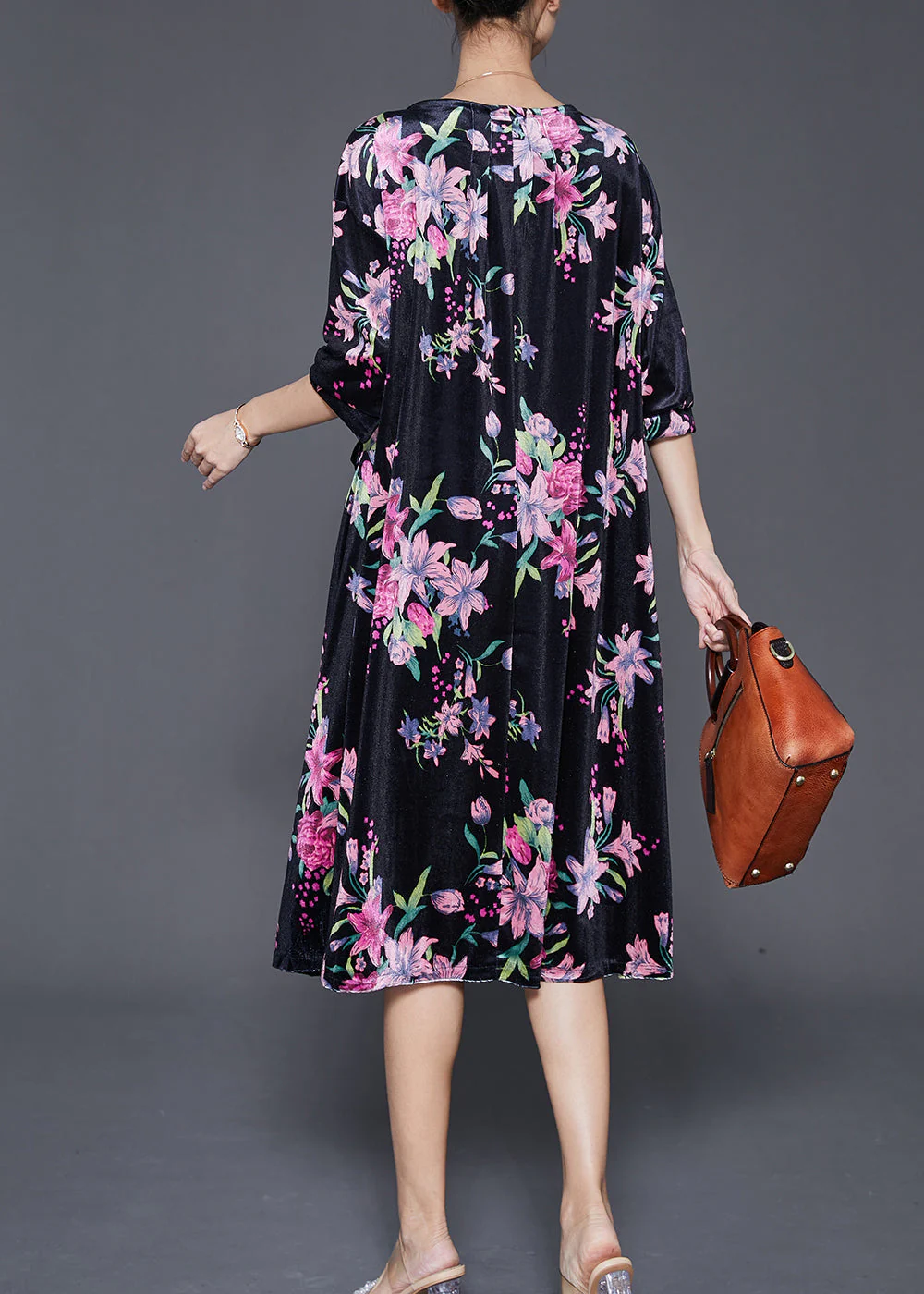 Black Print Silk Velour Holiday Dress Oversized Fall - Image 4
